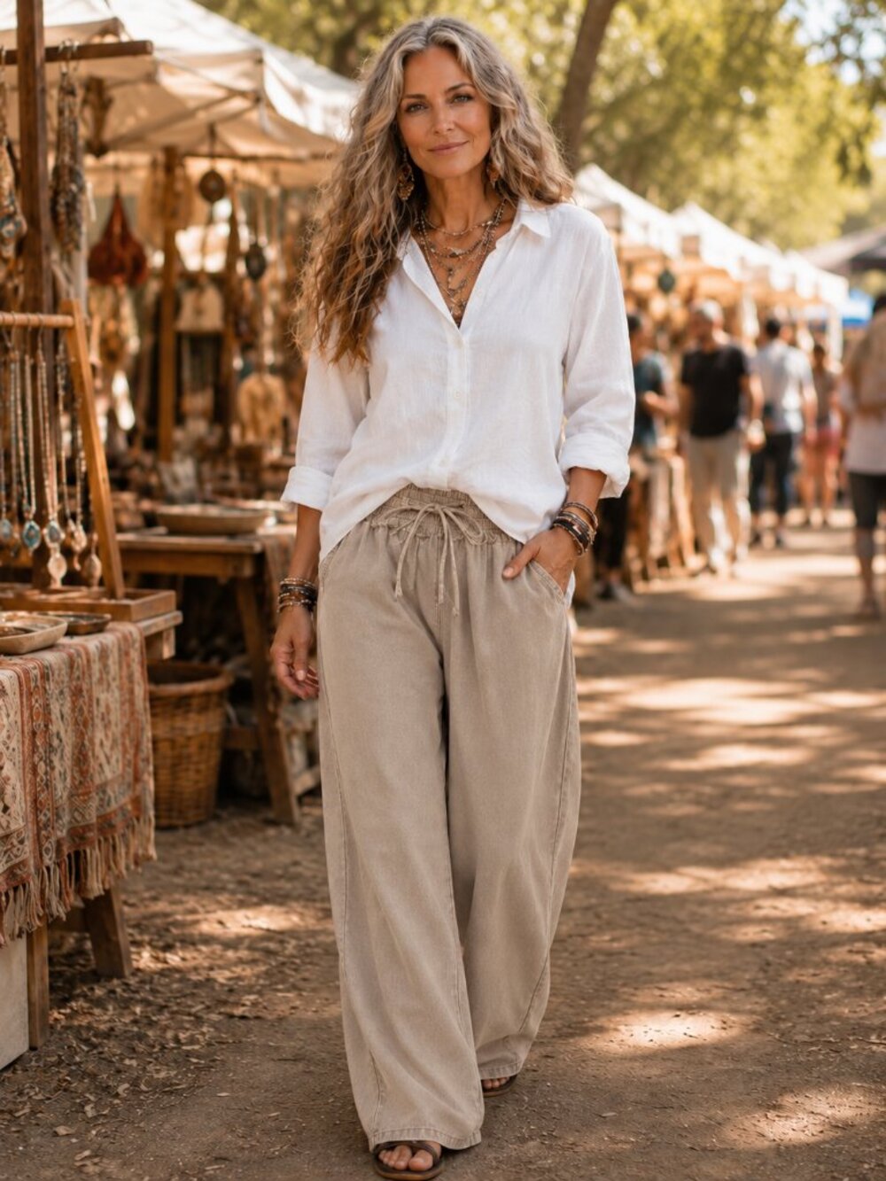 Premium Tencel Mineral Wash Flowy Wide Leg Pants Soft Drapey Neutral Loose Boho - Picture 4 of 12